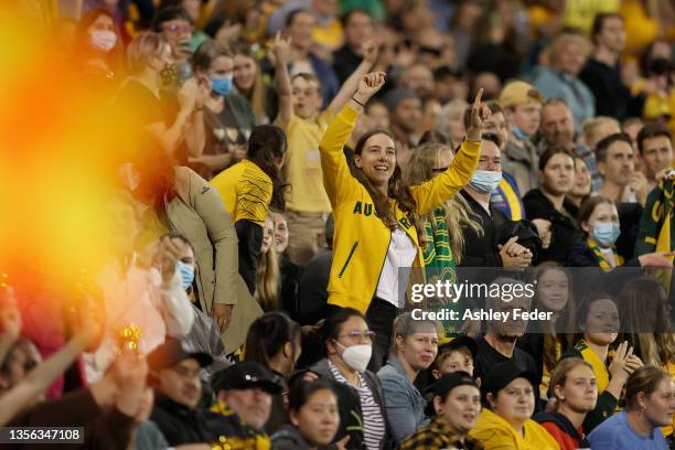 Matildas fans celebrate a goal from Kyah Simon during game two of the International Friendly series between the Australia Matildas and the United...