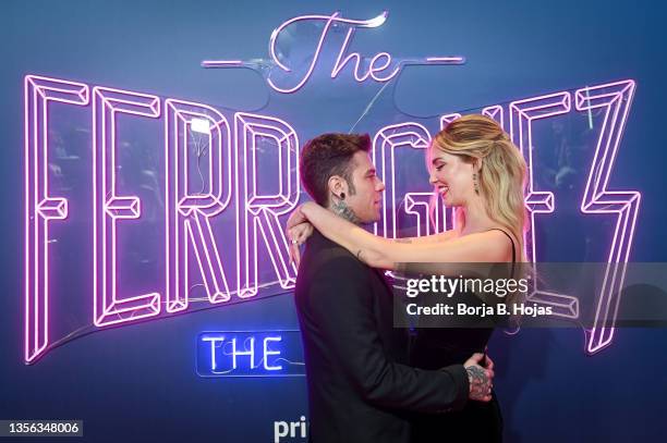 Fedez and Chiara Ferragni attend "The Ferragnez" premiere by Amazon Prime at Yelmo Luxury Palafox Luchana on November 29, 2021 in Madrid, Spain.