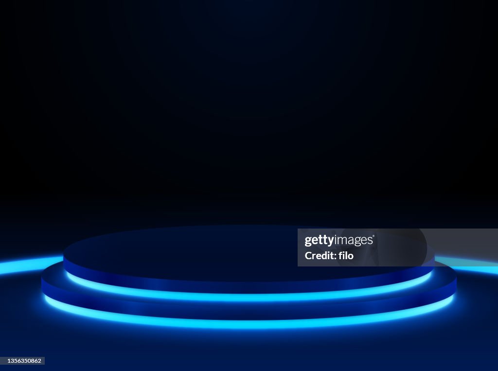 Podio azul de la plataforma de luz brillante oscura del podio