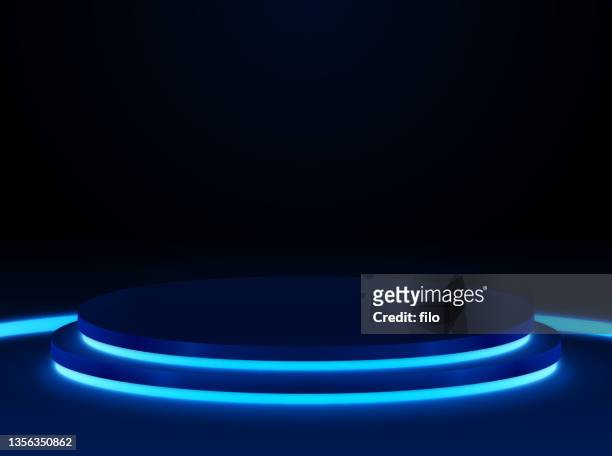 blue dark glow light platform stand podium - launch event stock illustrations