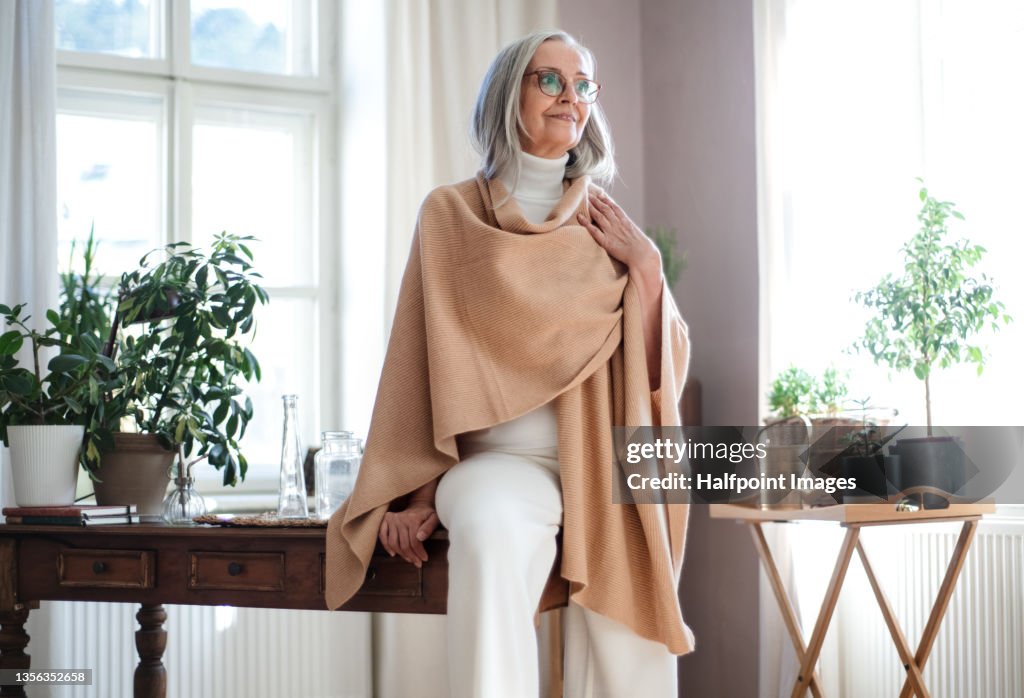 Fashionable senior woman sitting on table at home.