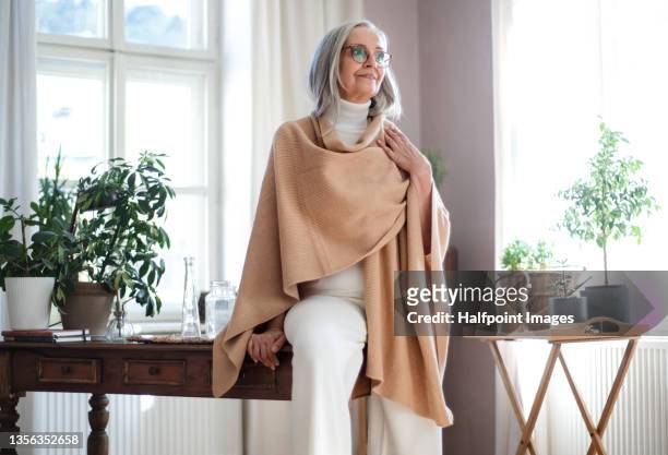 fashionable senior woman sitting on table at home. - high society stock pictures, royalty-free photos & images