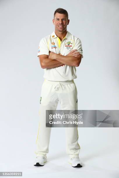 David Warner poses during the Australia Test Cricket Team headshots session at NCC on November 30, 2021 in Brisbane, Australia.