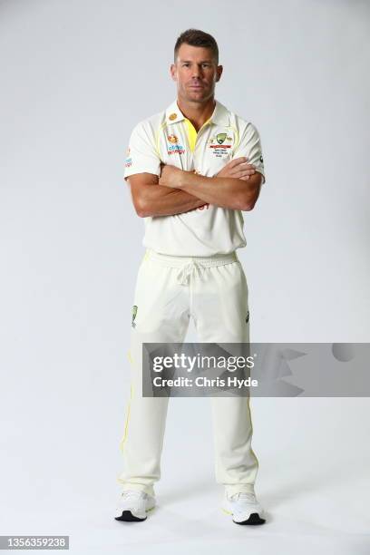 David Warner poses during the Australia Test Cricket Team headshots session at NCC on November 30, 2021 in Brisbane, Australia.