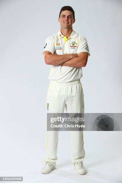 Mitchell Swepson poses during the Australia Test Cricket Team headshots session at NCC on November 30, 2021 in Brisbane, Australia.