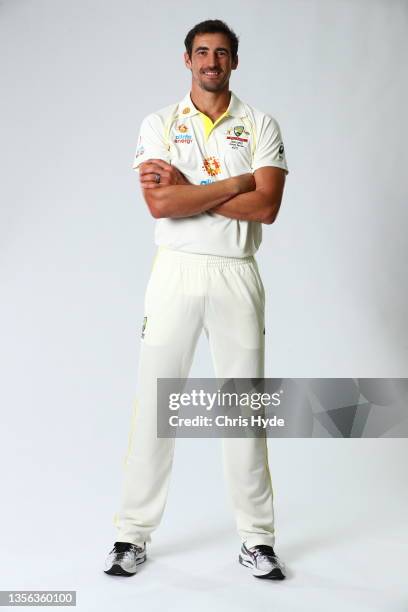 Mitchell Starc poses during the Australia Test Cricket Team headshots session at NCC on November 30, 2021 in Brisbane, Australia.