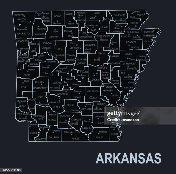flat map of arkansas state with cities against black background - arkansas stock illustrations