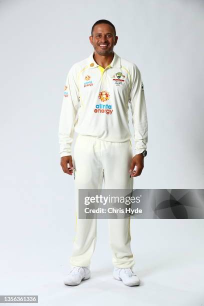 Usman Khawaja poses during the Australia Test Cricket Team headshots session at NCC on November 30, 2021 in Brisbane, Australia.