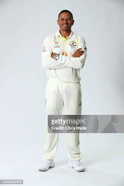 Usman Khawaja poses during the Australia Test Cricket Team headshots session at NCC on November 30, 2021 in Brisbane, Australia.