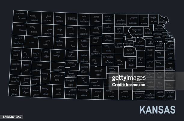 flat map of kansas state with cities against black background - kansas outline stock illustrations