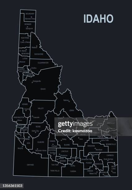 ilustraciones, imágenes clip art, dibujos animados e iconos de stock de mapa plano del estado de idaho con ciudades sobre fondo negro - idaho