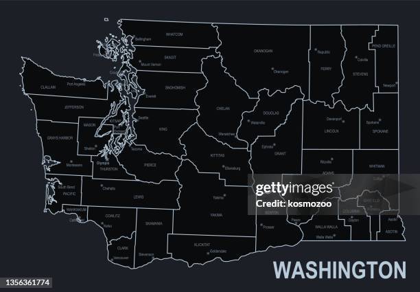 flat map of washington state with cities against black background - washington state stock illustrations