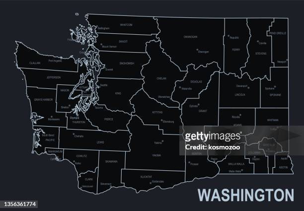 flat map of washington state with cities against black background - 華盛頓州 幅插畫檔、美工圖案、卡通及圖標