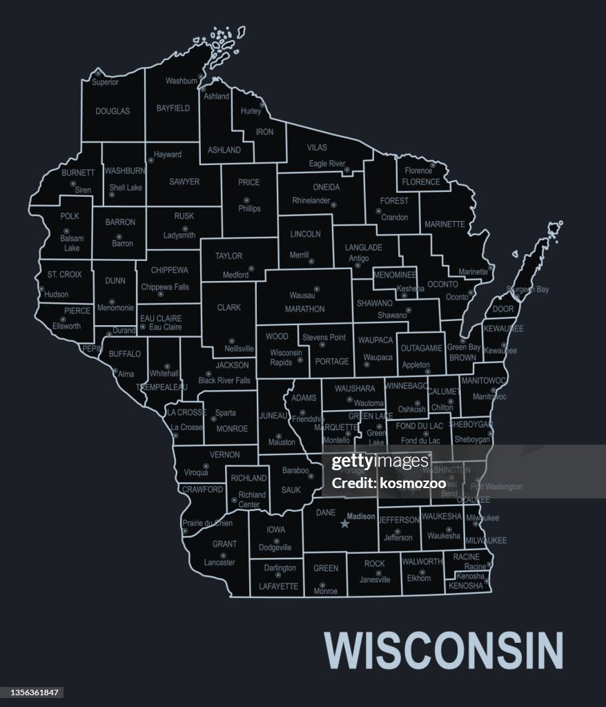 High Resolution Wisconsin Map Flat Map Of Wisconsin State With Cities Against Black Background High ...