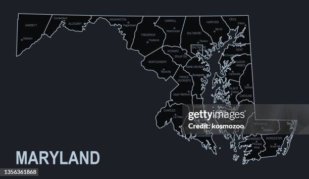 flache karte des bundesstaates maryland mit städten vor schwarzem hintergrund - maryland us state stock-grafiken, -clipart, -cartoons und -symbole