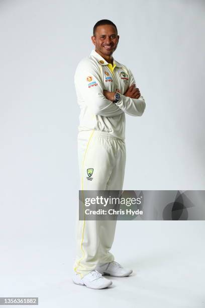 Usman Khawaja poses during the Australia Test Cricket Team headshots session at NCC on November 30, 2021 in Brisbane, Australia.