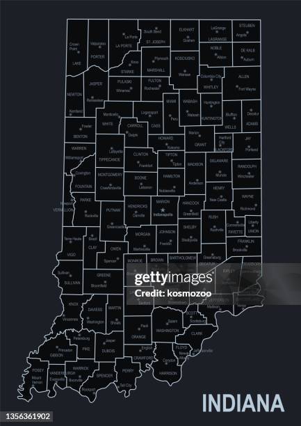 flat map of indiana state with cities against black background - indiana outline stock illustrations