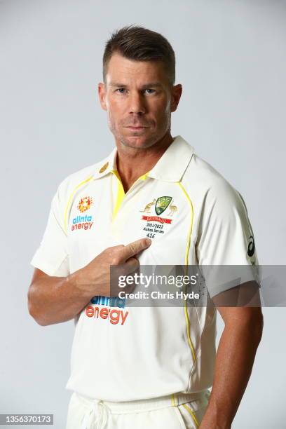 David Warner poses during the Australia Test Cricket Team headshots session at NCC on November 30, 2021 in Brisbane, Australia.