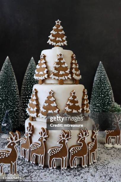 close-up image of homemade, christmas cake display, tiered, cake covered with fondant icing, gingerbread reindeer and christmas tree shaped cookies decorated with white royal icing, night-time christmas forest scene, model fir trees, black background - cookie monster stockfoto's en -beelden