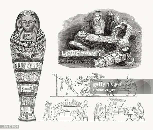 ancient egyptian mummies, wood engravings, published in 1862 - mummified stock illustrations