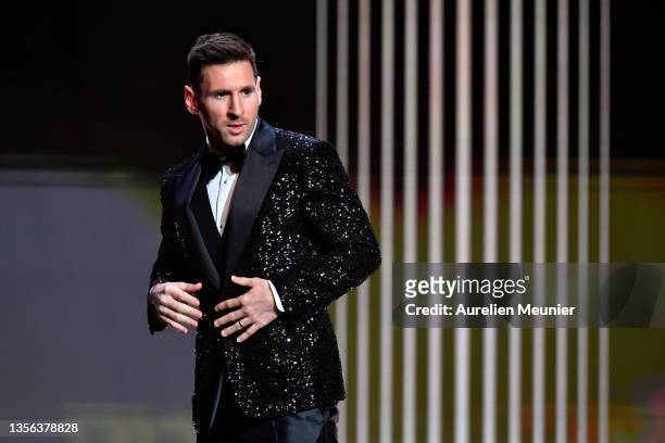 Lionel Messi is awarded with his seventh Ballon D'Or award attends the Ballon D'Or ceremony at Theatre du Chatelet on November 29, 2021 in Paris,...