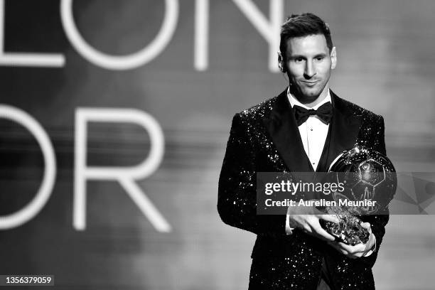 Lionel Messi is awarded with his seventh Ballon D'Or award attends the Ballon D'Or ceremony at Theatre du Chatelet on November 29, 2021 in Paris,...