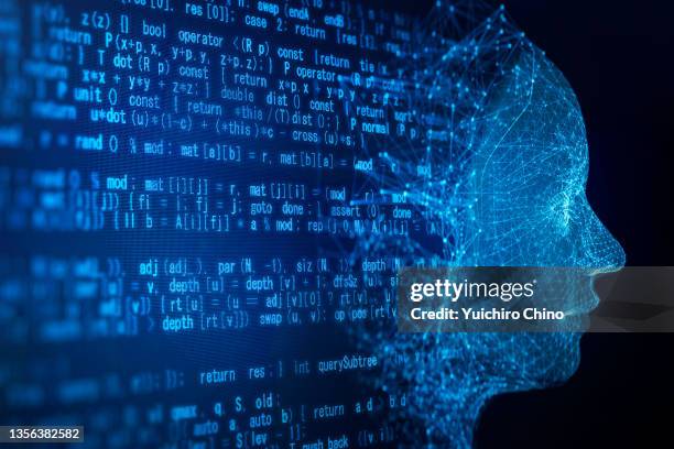 ai robot face and programming code - lenguaje de ordenadores fotografías e imágenes de stock