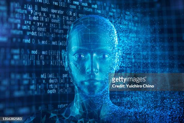ai robot face and programming code - supporting functions for graphical user interface stockfoto's en -beelden