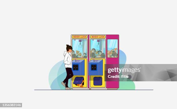 vector illustration of beautiful girl playing claw vending machine. - vending machine stock illustrations