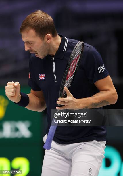 Daniel Evans of Great Britain celebrates during the Men's Singles match between Daniel Evans of Great Britain and Peter Gojowczyk of Germany as part...