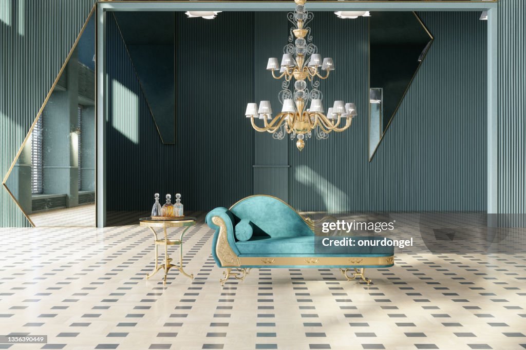 ターコイズ色のソファ、サイドテーブル、ゴールドカラーのシャンデリアが付いたエレガントな待合室のインテリア
