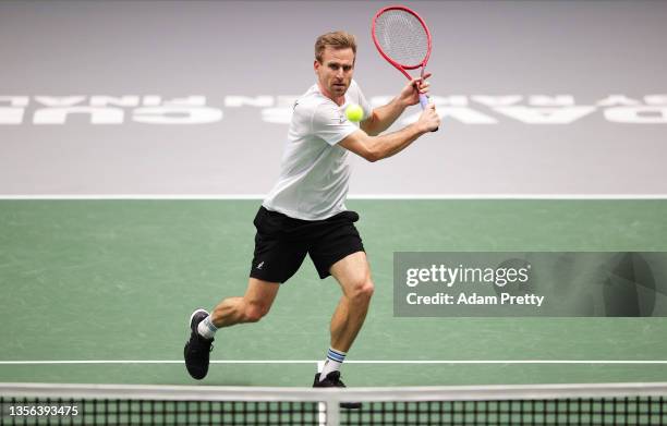 Peter Gojowczyk of Germany plays a backhand shot during the Men's Singles match between Daniel Evans of Great Britain and Peter Gojowczyk of Germany...