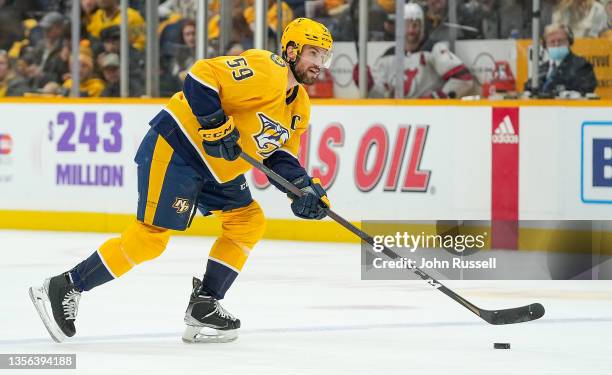 Roman Josi of the Nashville Predators skates against the New Jersey Devils during an NHL game at Bridgestone Arena on November 26, 2021 in Nashville,...