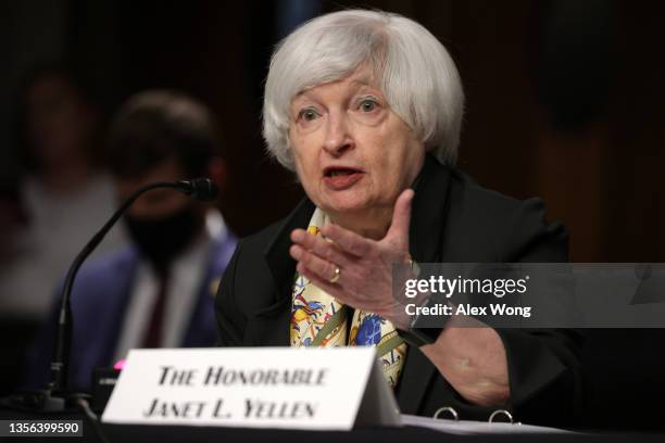 Treasury Secretary Janet Yellen testifies during a hearing before Senate Banking, Housing and Urban Affairs Committee on Capitol Hill November 30,...