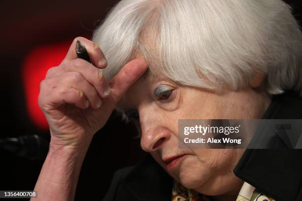 Treasury Secretary Janet Yellen testifies during a hearing before Senate Banking, Housing and Urban Affairs Committee on Capitol Hill November 30,...