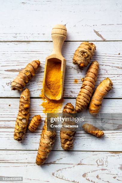 turmeric powder and fresh organic turmeric - kurkuma ストックフォトと画像