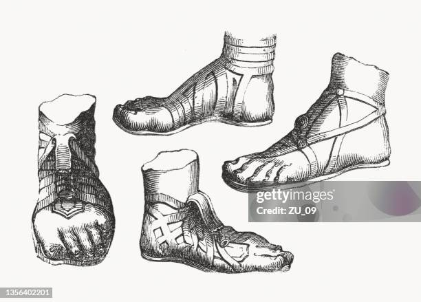 various sandals from ancient times, wood engraving, published in 1862 - sandale stock illustrations