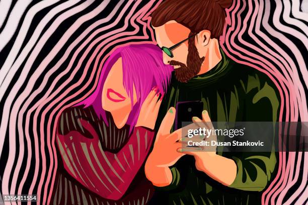 couple have fun while surfing on the internet - bonding stock illustrations