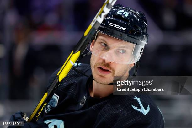 Jamie Oleksiak of the Seattle Kraken warms up before the game against the Carolina Hurricanes at Climate Pledge Arena on November 24, 2021 in...