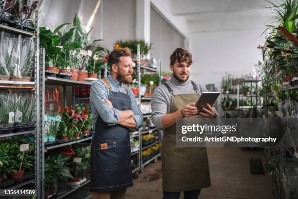 using technology in small business, male workers using digital tablet in flower warehouse. - florist bildbanksfoton och bilder