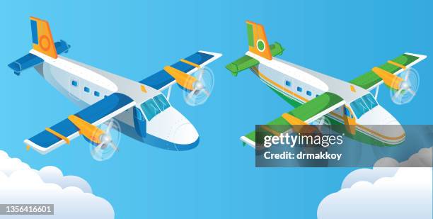 twin propeller aircraft - biplane stock illustrations