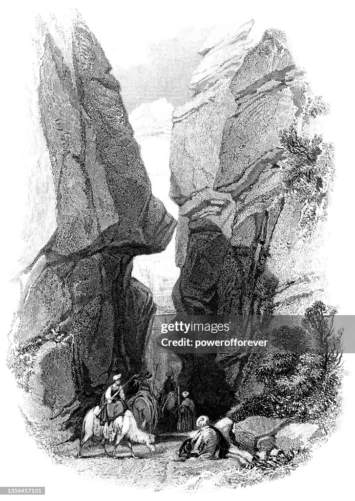 The Siq Entrance at the Ancient City of Petra in Jordan - Ottoman Empire 19th Century