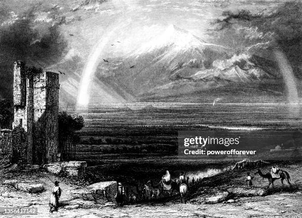 mount ararat from armenia, drawing by augustus wall callcott - russian armenia 19th century - mt ararat stock illustrations