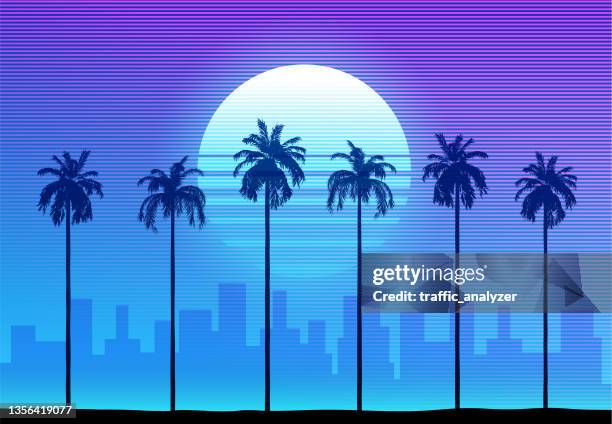 synthwave retro background - palm trees - horizon urbain stock illustrations