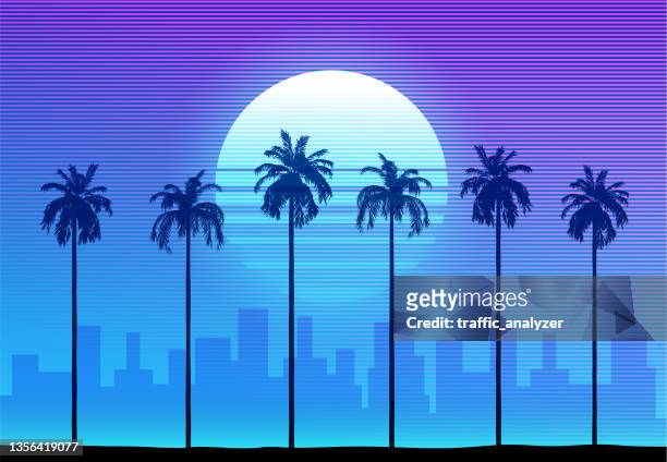 synthwave retro background - palm trees - 棕櫚樹 幅插畫檔、美工圖案、卡通及圖標