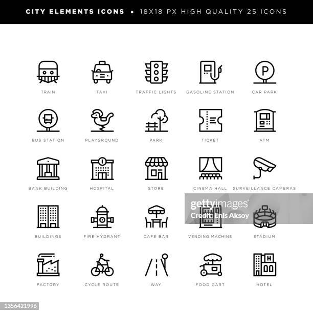 city elements icons for taxi, trafffic light, station, playground, cinema hall, fire hydrant, buildings, store etc. - hotel kiosk stock illustrations