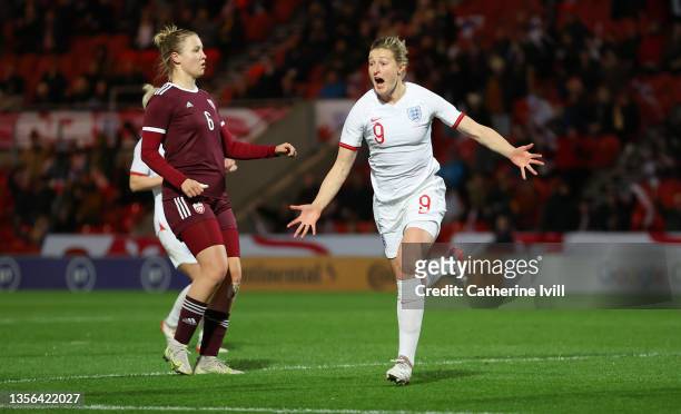 Ellen White of England celebrates after scoring their side's third goal and becoming the England Women All Time Top Goal Scorer during the FIFA...