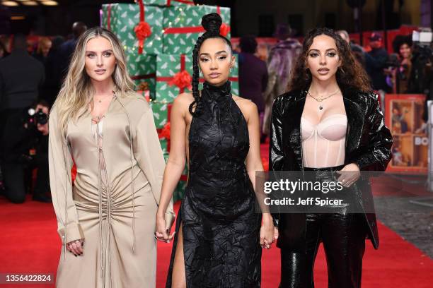 Perrie Edwards, Leigh-Anne Pinnock and Jade Thirlwall of Little Mix attend the "Boxing Day" World Premiere at The Curzon Mayfair on November 30, 2021...