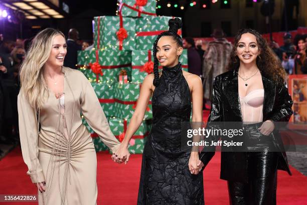 Perrie Edwards, Leigh-Anne Pinnock and Jade Thirlwall of Little Mix attend the "Boxing Day" World Premiere at The Curzon Mayfair on November 30, 2021...