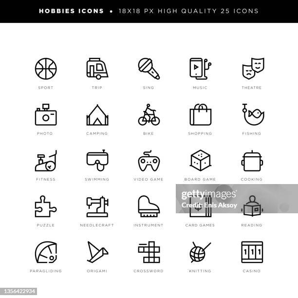 hobbies icons for camping, theatre, photography, fitness, reading, fishing, shopping etc. - hobby icons stock illustrations